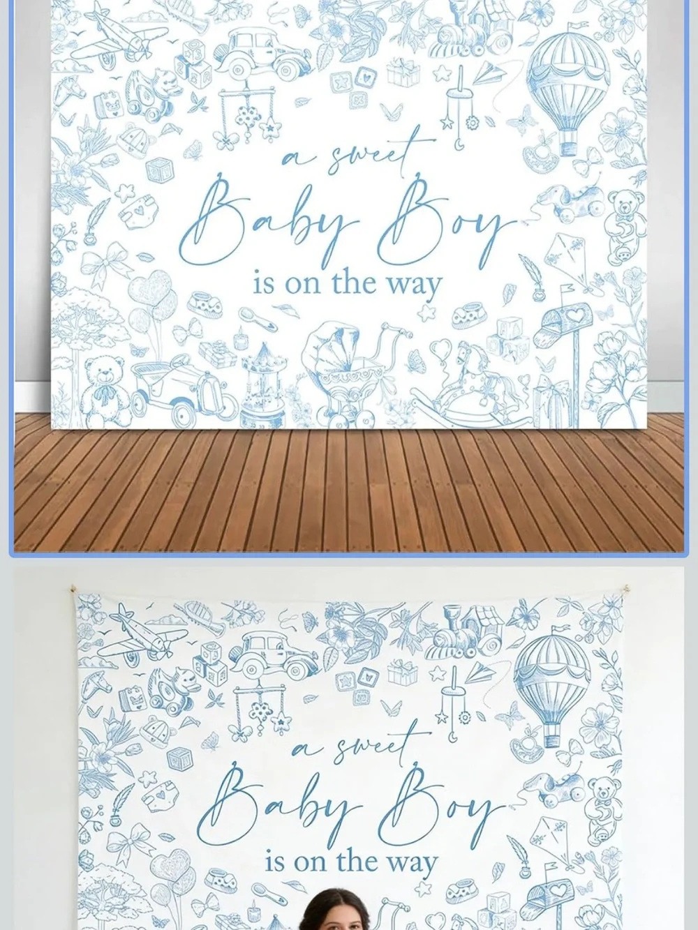 Blue & White Baby Boy Backdrop and Gingham Bears Banner